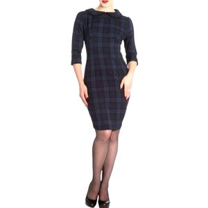 Hell Bunny Vixen Doralee Pencil Dress Peter Pan Collar Navy Black Plaid Retro XL